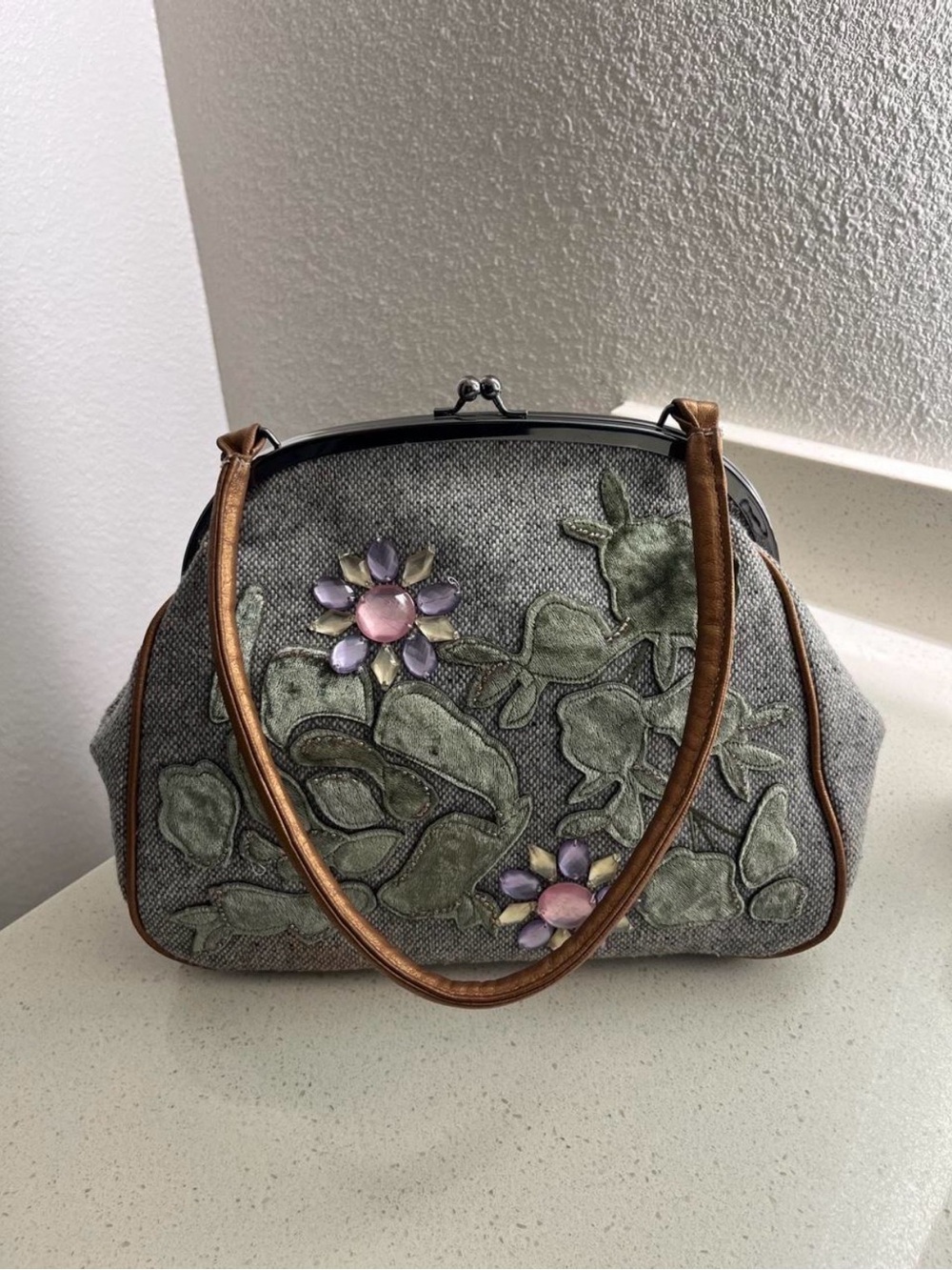 Guess Gray Floral Appliqué Shoulder Bag with Pink & Purple Accents